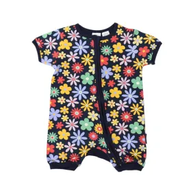 Korango Flower Print Short Sleeve Zip Romper - Navy