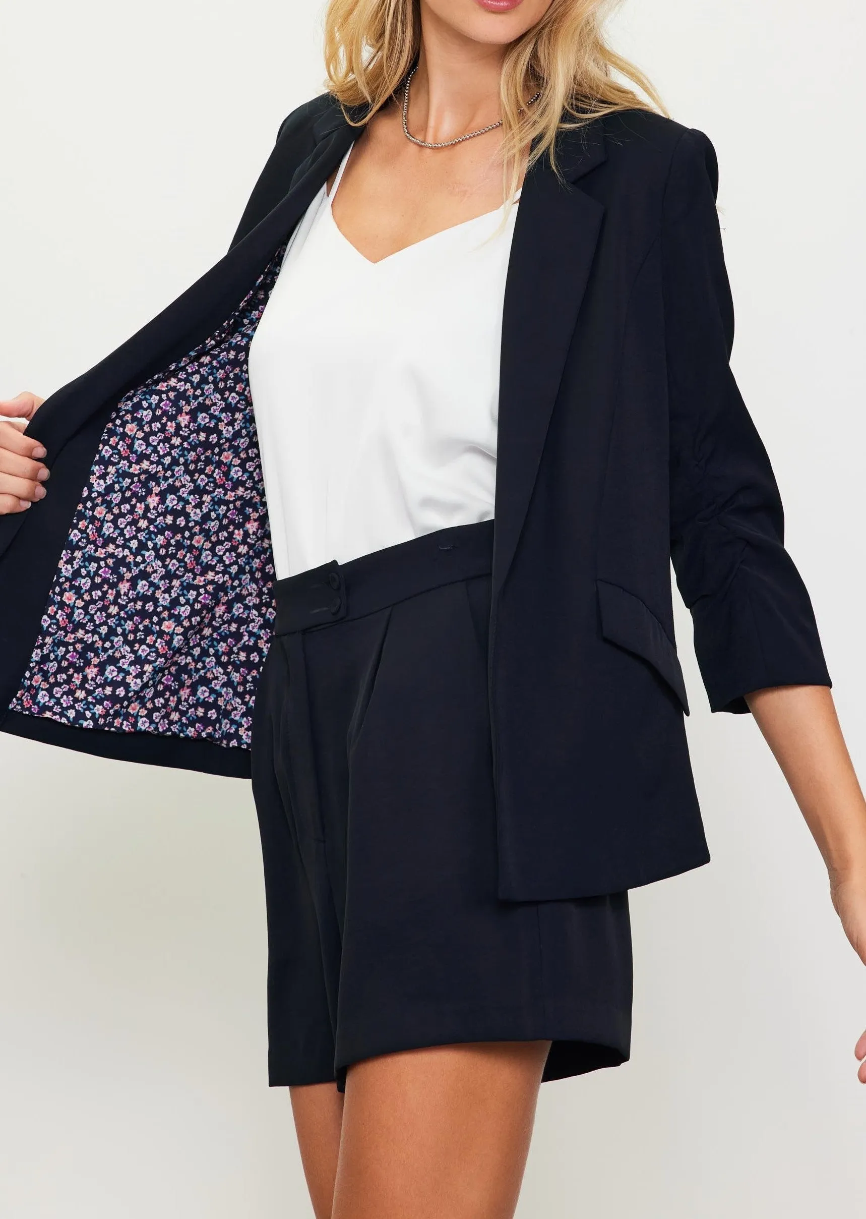 Kyle Shirred Sleeve Pocket Blazer- Black