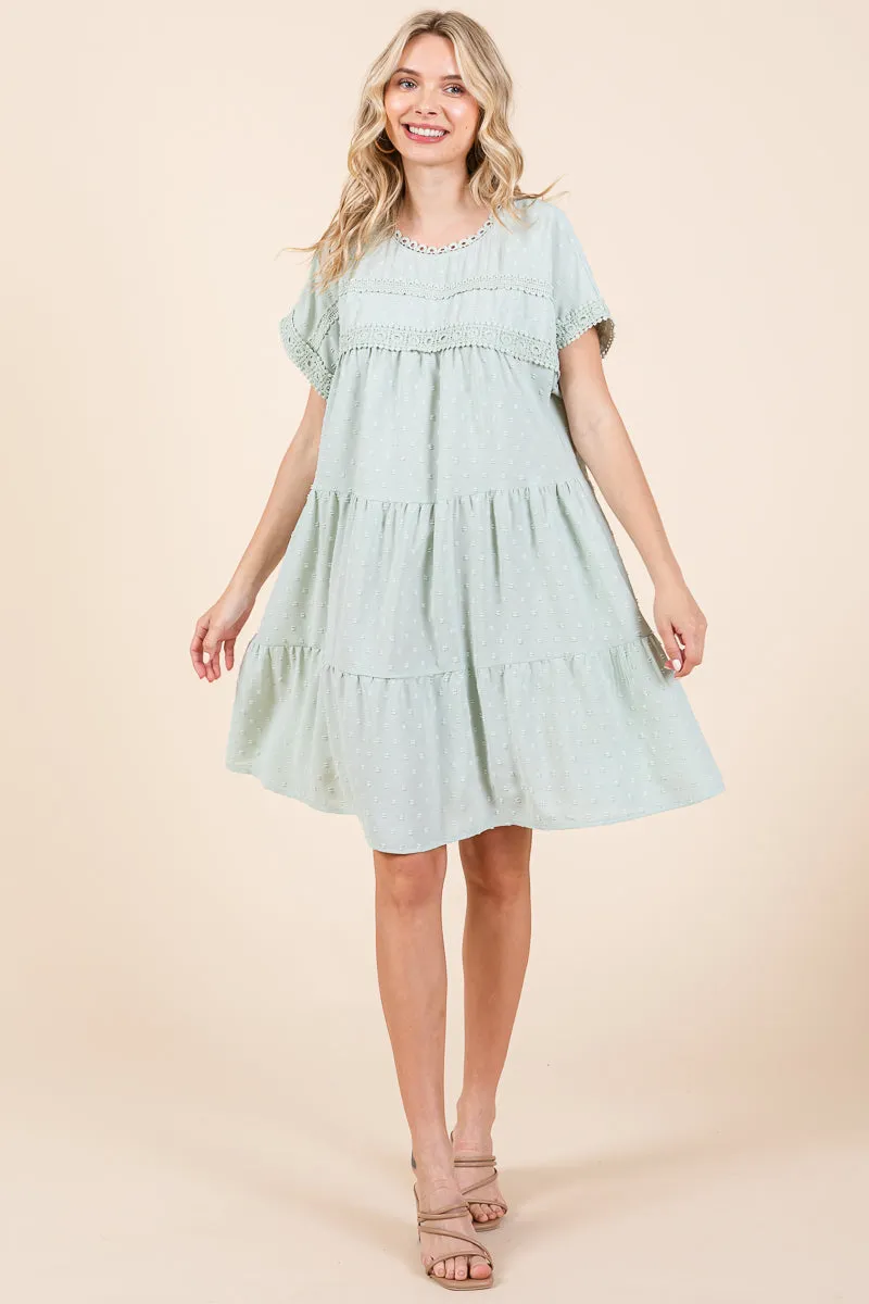 Lace Front Swiss Dot Ruffle Tiered Swing Dress