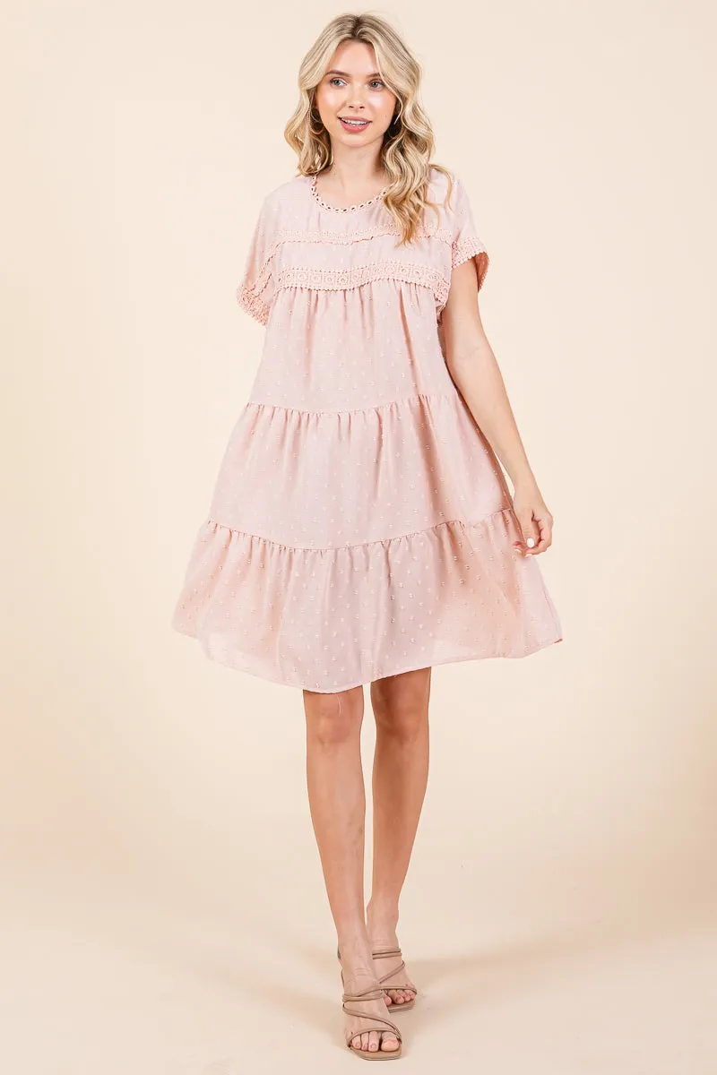 Lace Front Swiss Dot Ruffle Tiered Swing Dress