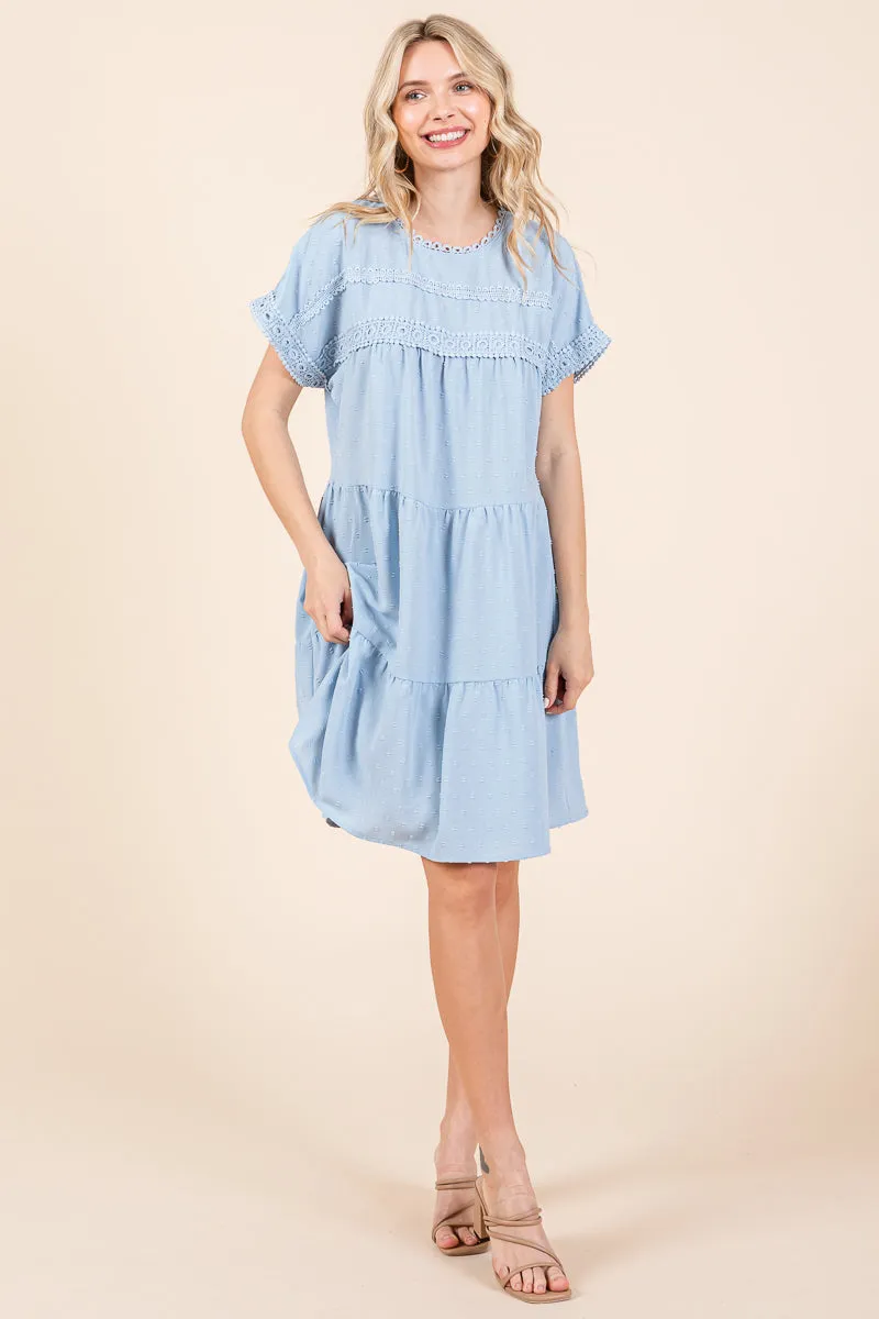 Lace Front Swiss Dot Ruffle Tiered Swing Dress