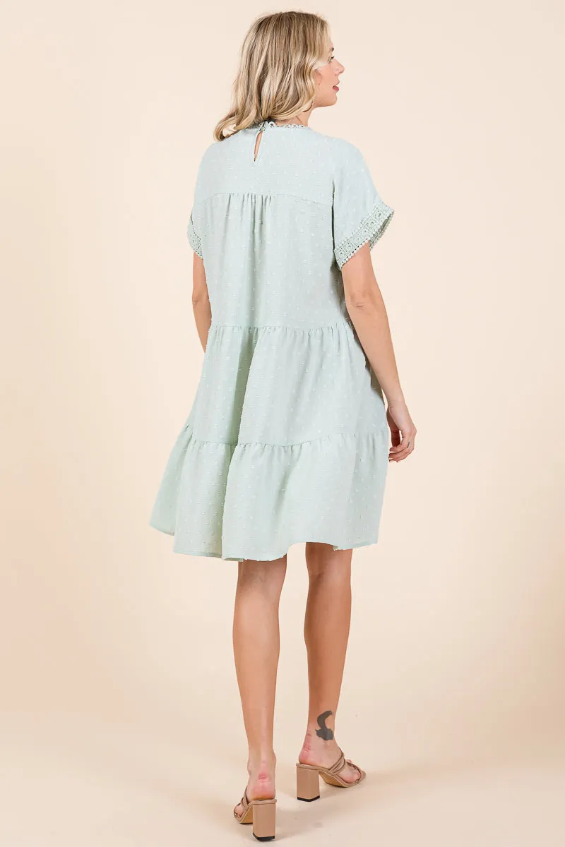 Lace Front Swiss Dot Ruffle Tiered Swing Dress