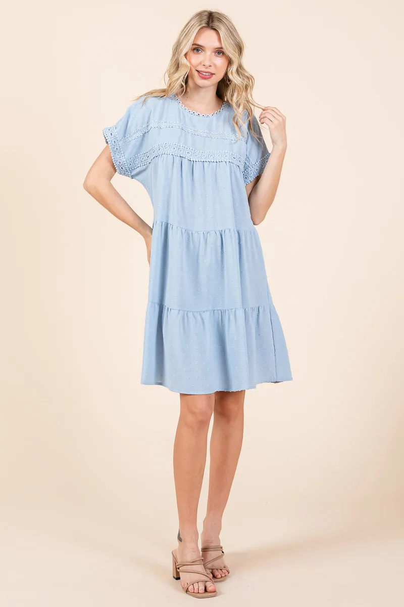 Lace Front Swiss Dot Ruffle Tiered Swing Dress