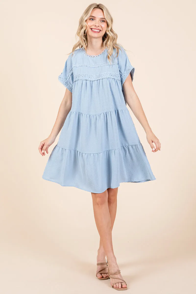 Lace Front Swiss Dot Ruffle Tiered Swing Dress