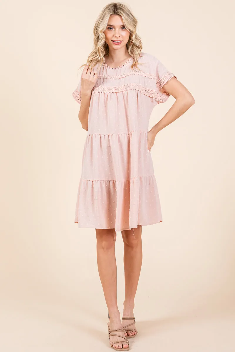 Lace Front Swiss Dot Ruffle Tiered Swing Dress