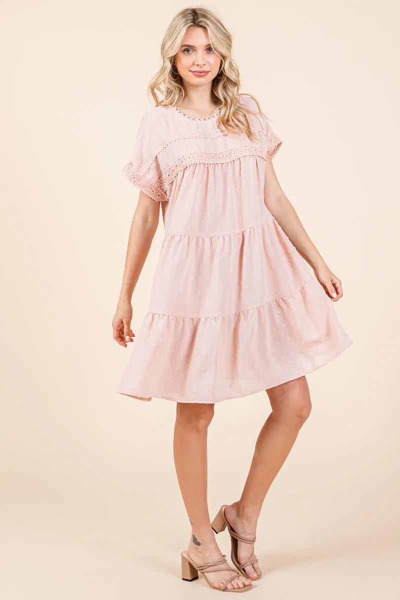 Lace Front Swiss Dot Ruffle Tiered Swing Dress