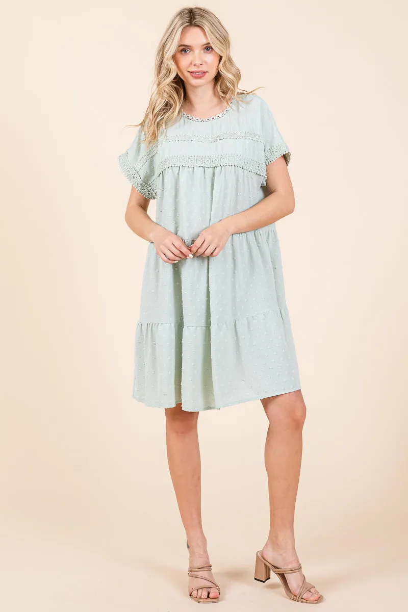 Lace Front Swiss Dot Ruffle Tiered Swing Dress