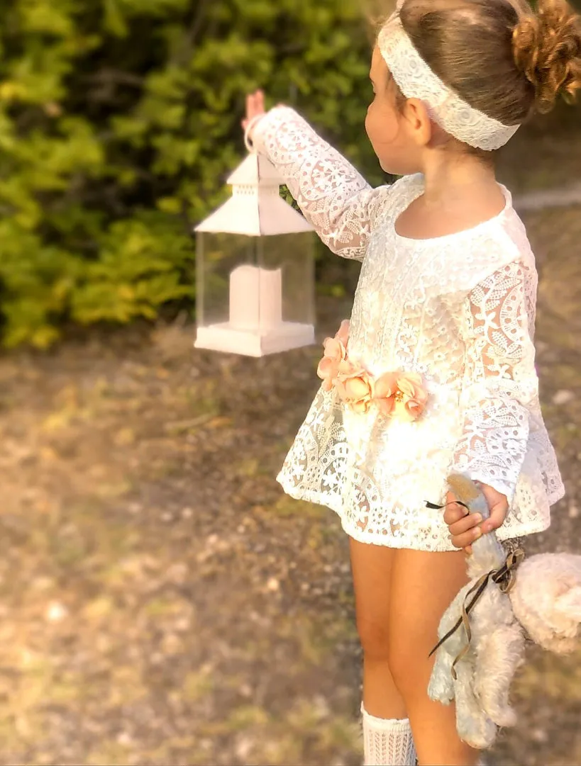 Lace Long Sleeve Romper with Floral Waistline and Headband #1001145