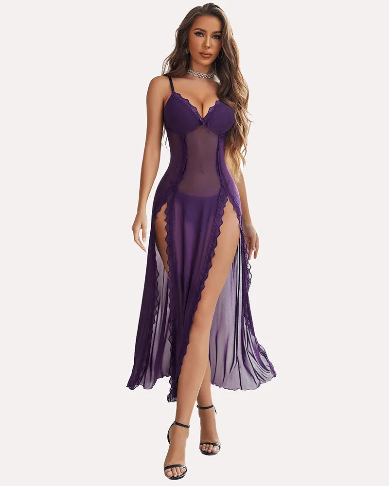 Lace Mesh Side Split Nightgown