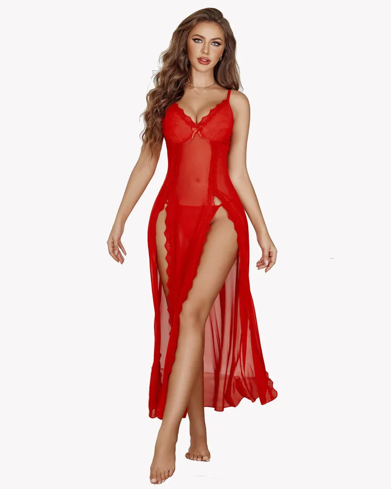 Lace Mesh Side Split Nightgown