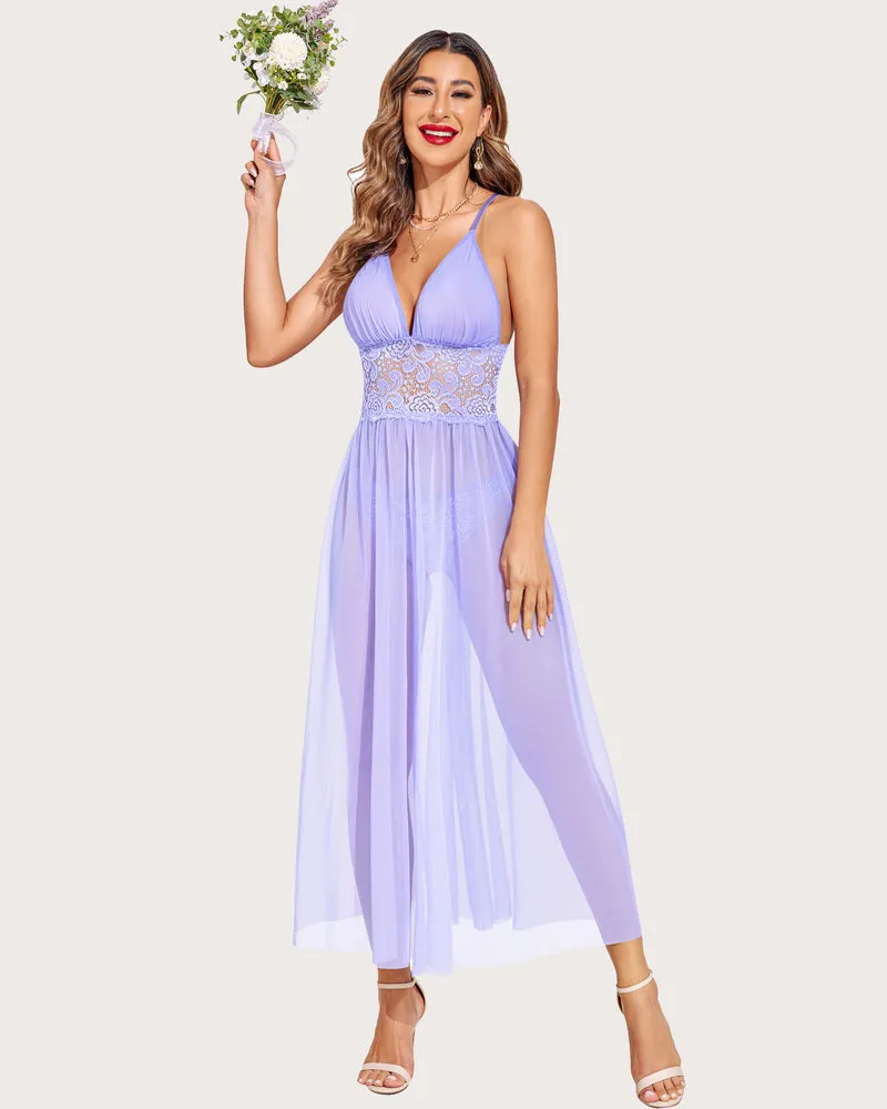 Lace V Neck Mesh Sheer Nightdress