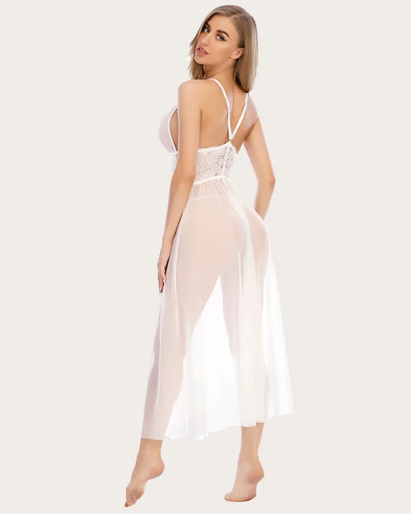 Lace V Neck Mesh Sheer Nightdress