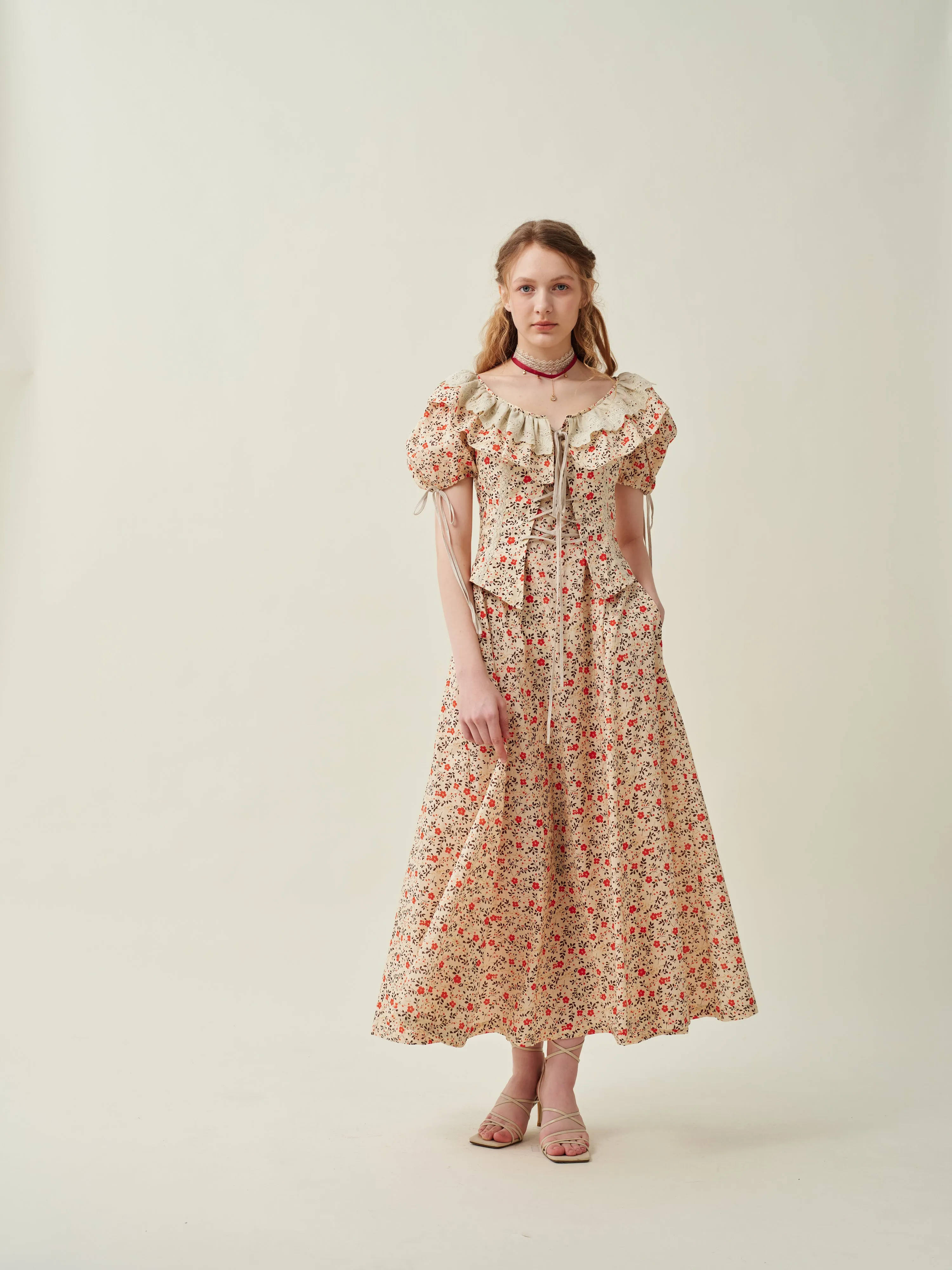 Leanne 17 | lace up floral linen dress with lace