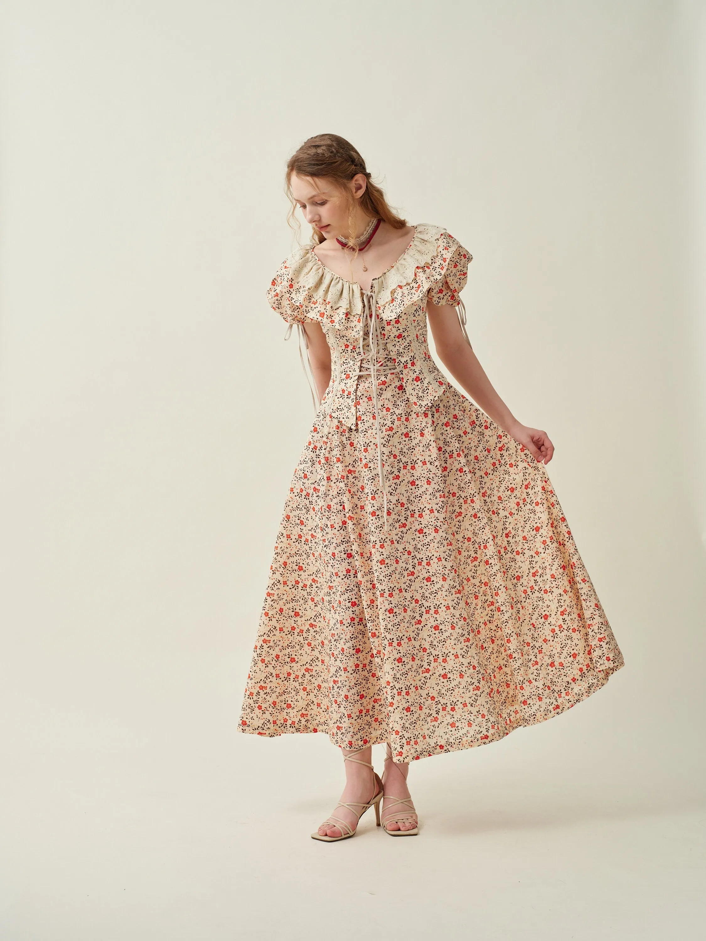 Leanne 17 | lace up floral linen dress with lace