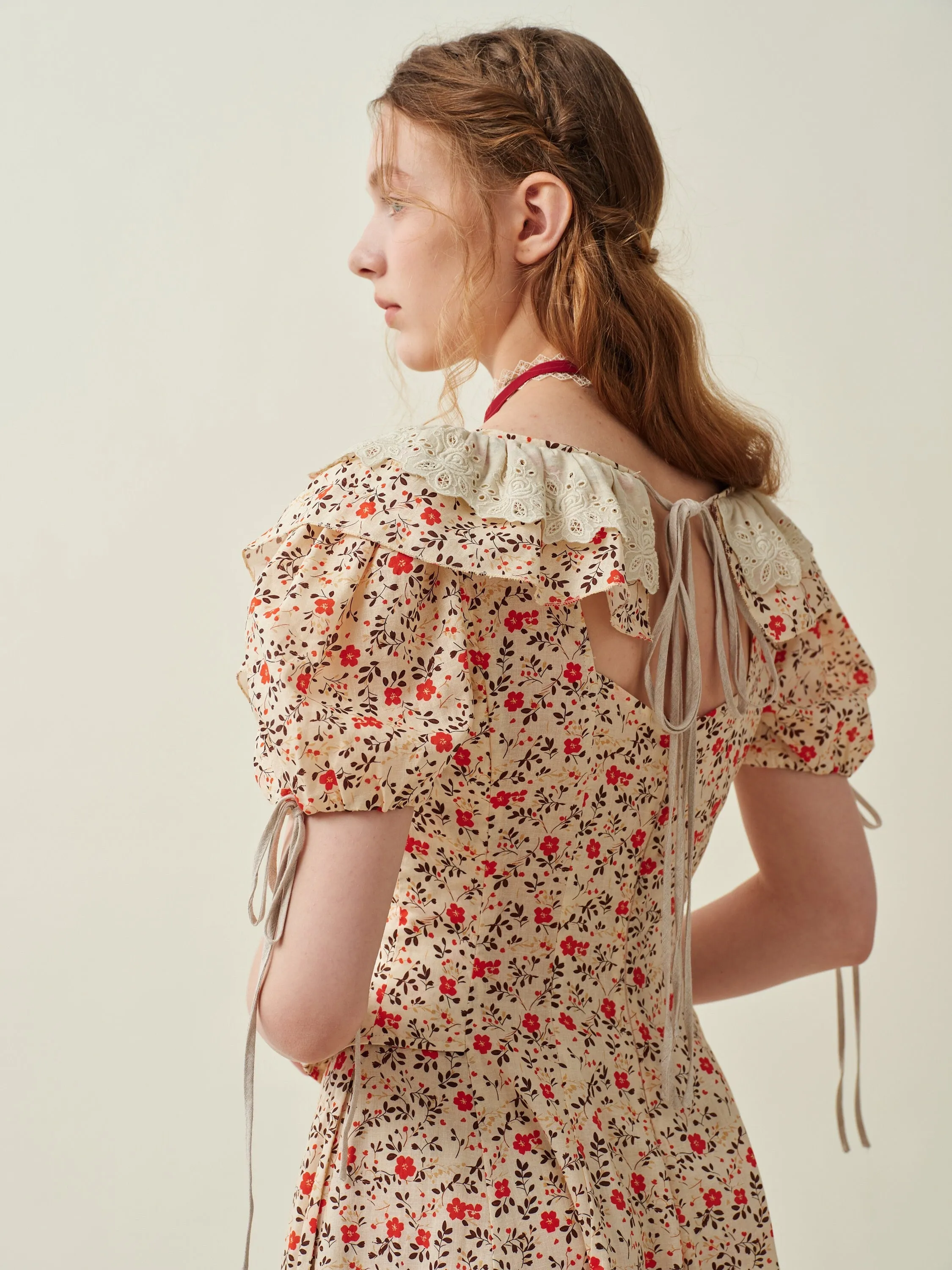 Leanne 17 | lace up floral linen dress with lace