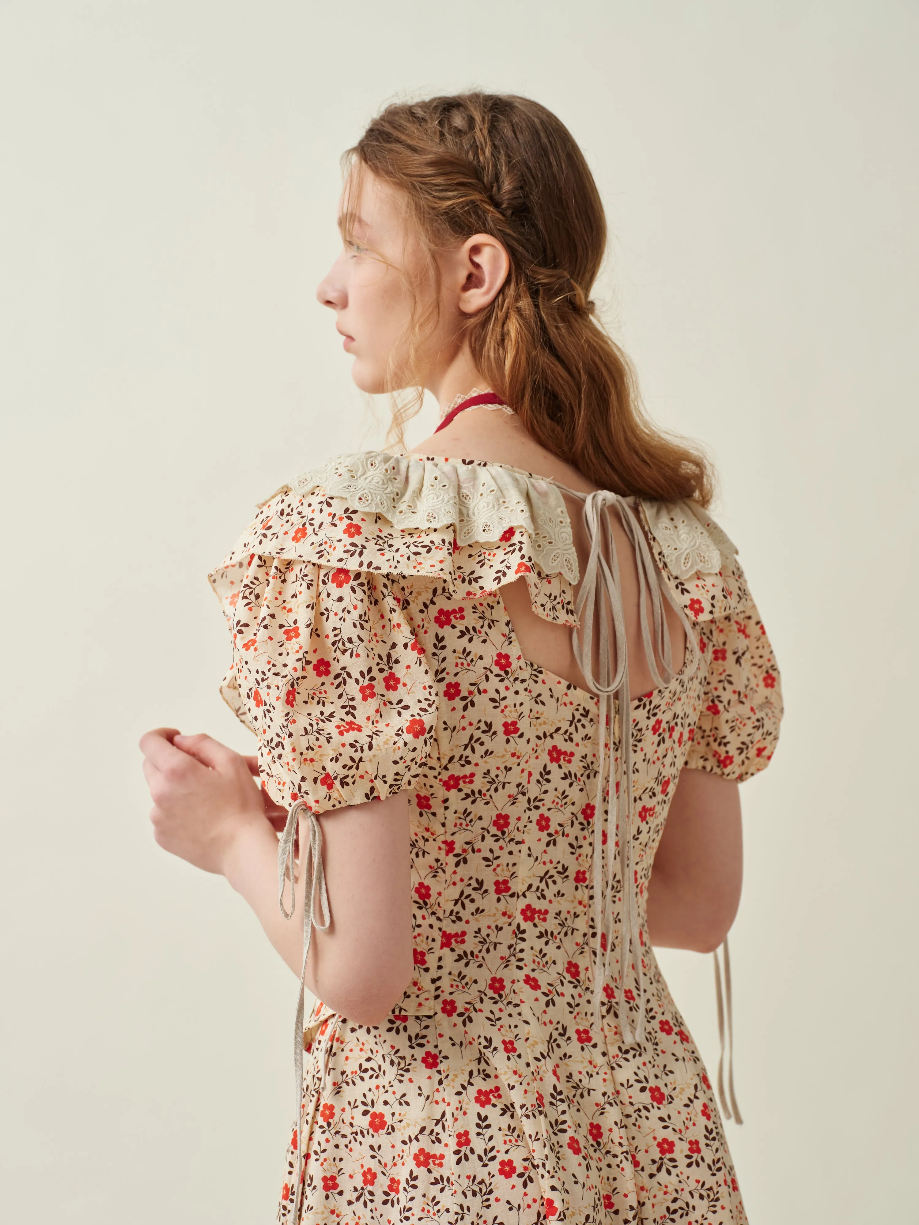 Leanne 17 | lace up floral linen dress with lace