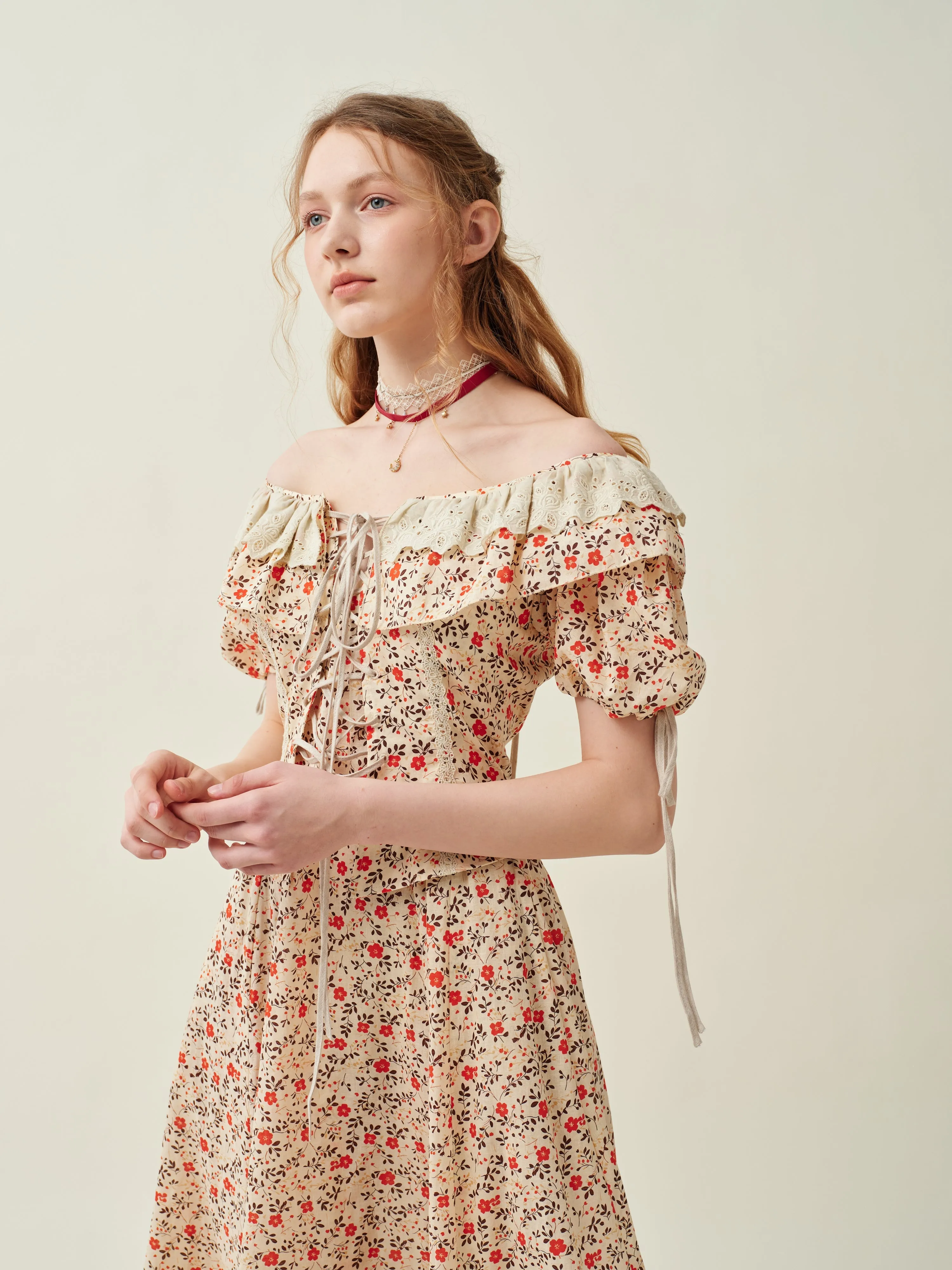 Leanne 17 | lace up floral linen dress with lace