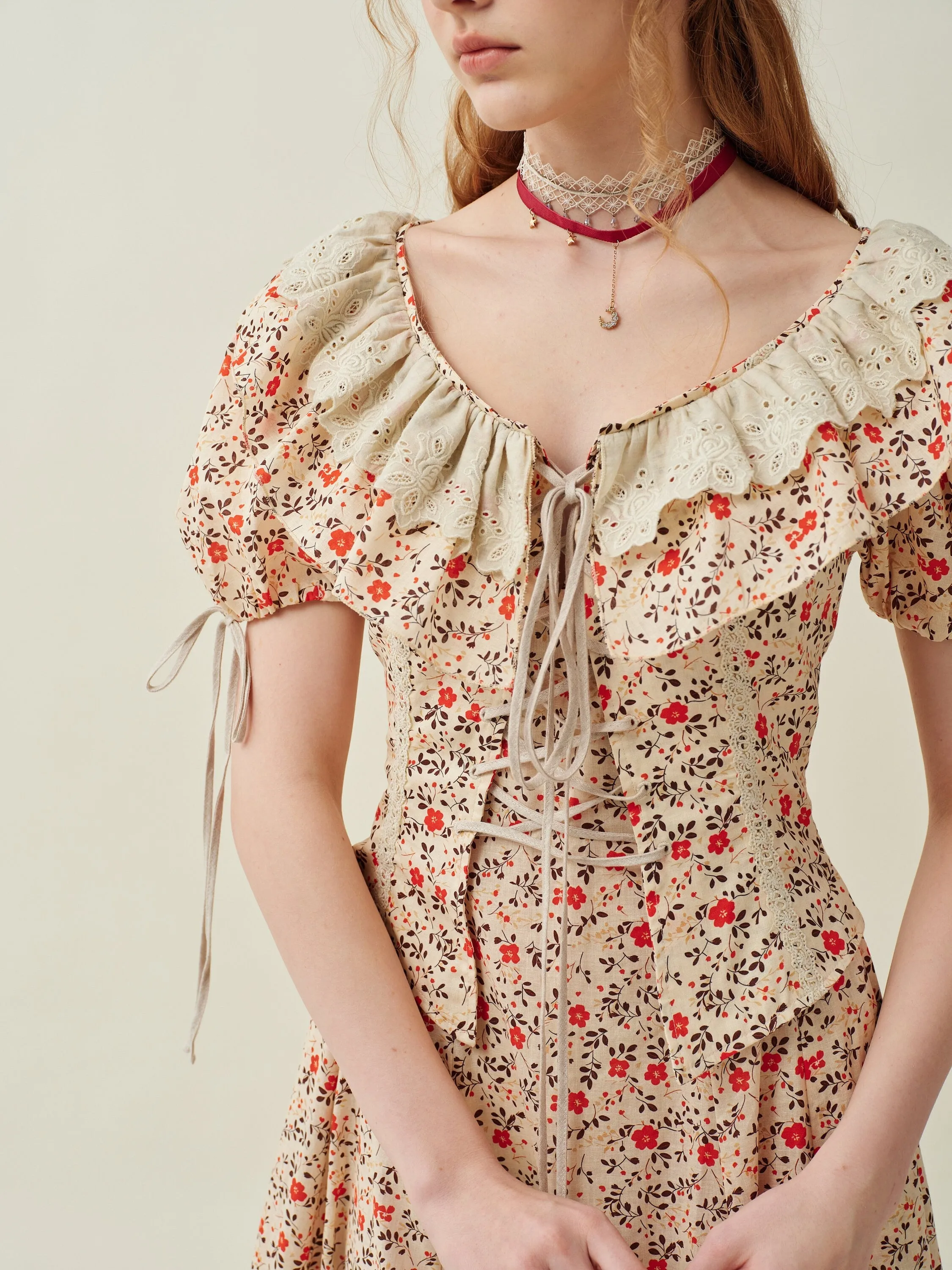 Leanne 17 | lace up floral linen dress with lace