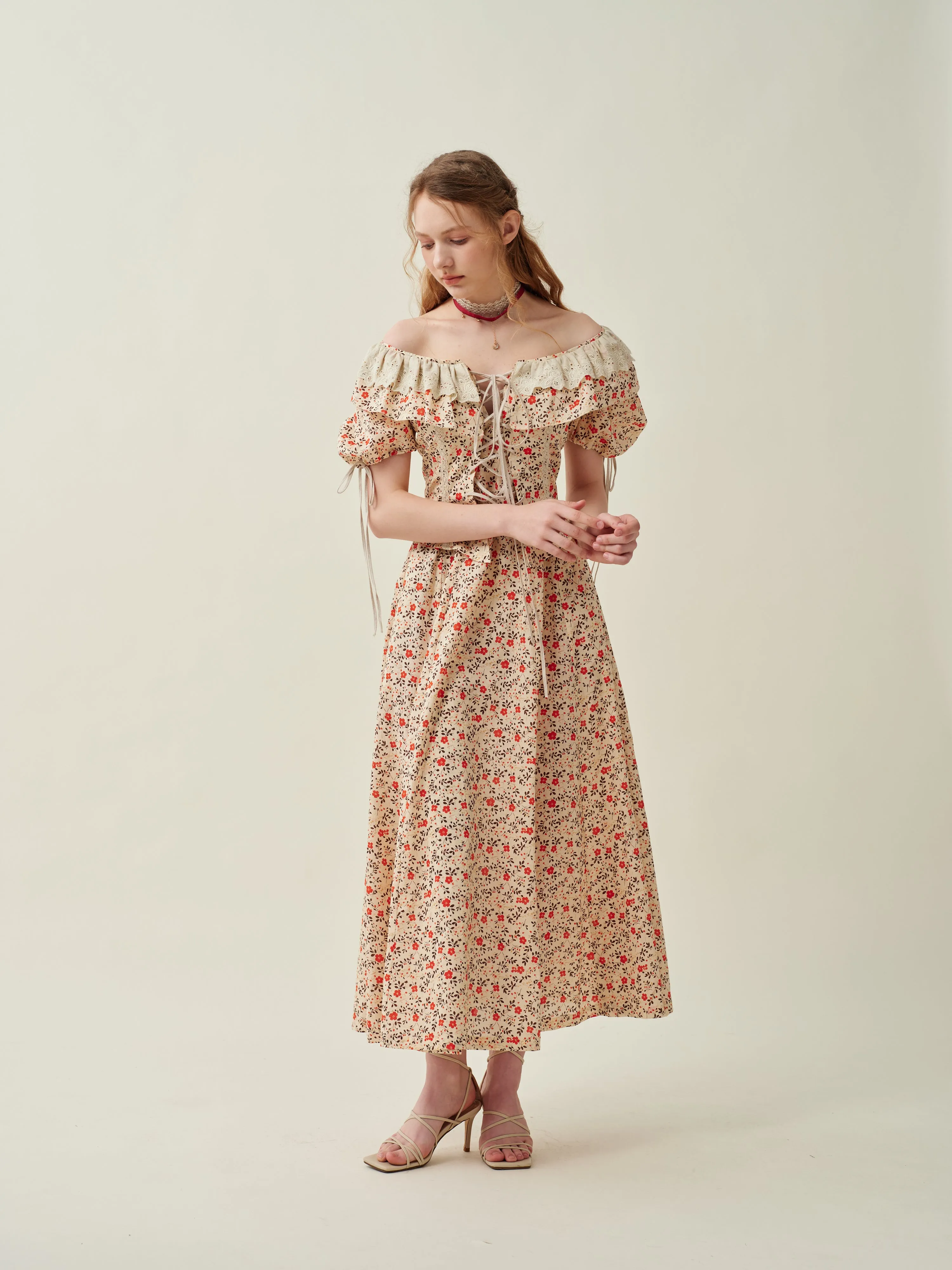 Leanne 17 | lace up floral linen dress with lace