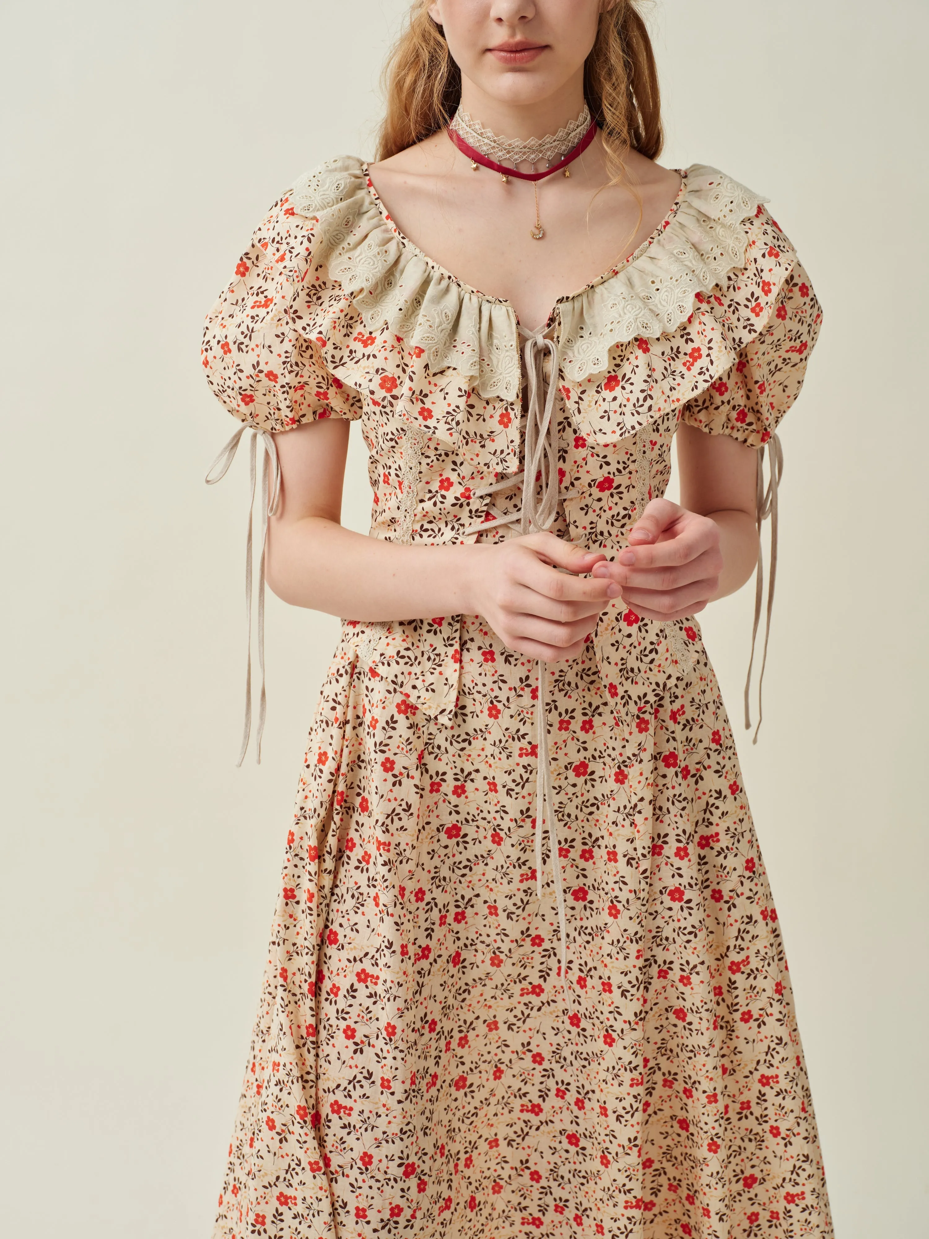 Leanne 17 | lace up floral linen dress with lace