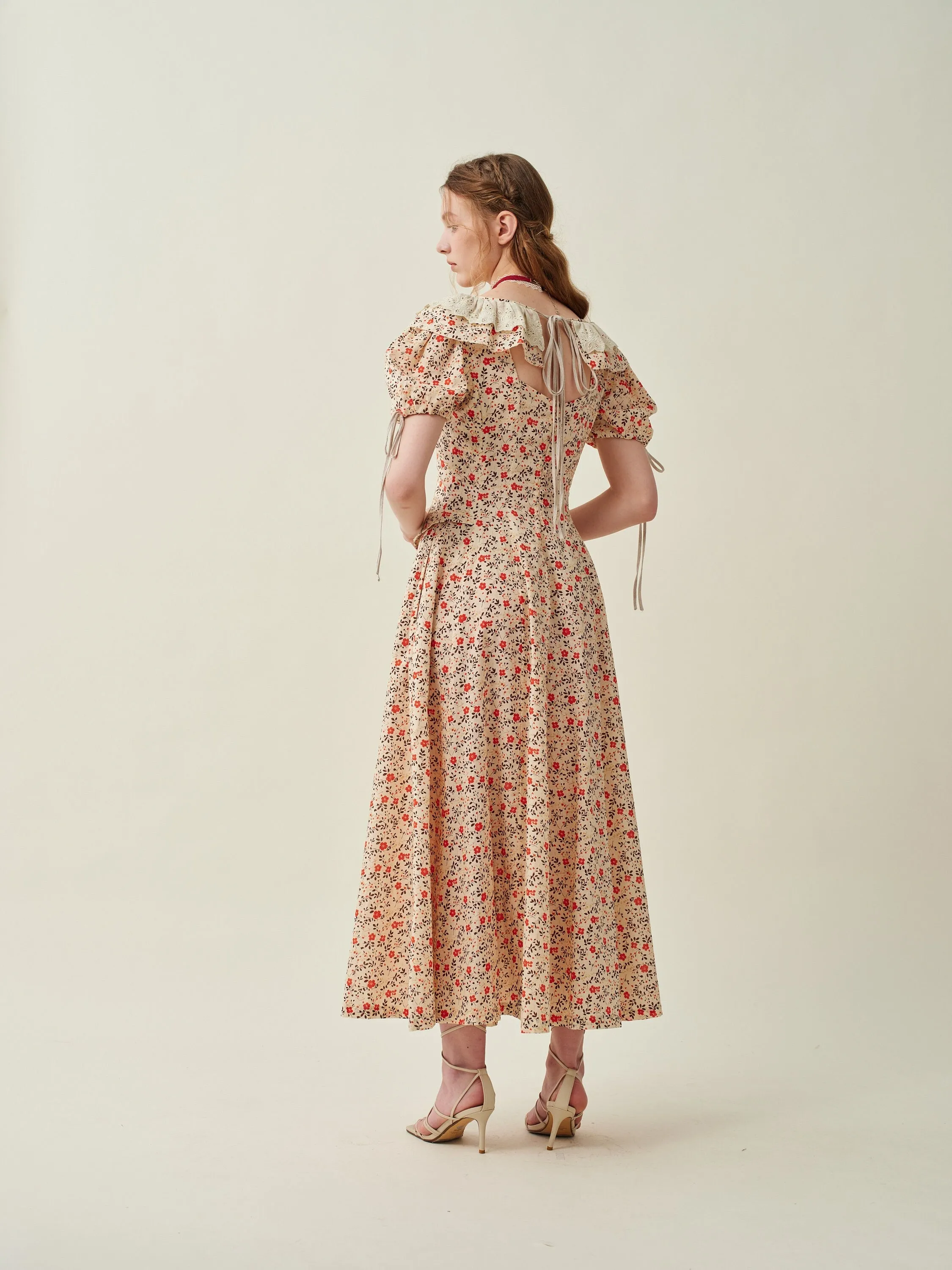 Leanne 17 | lace up floral linen dress with lace