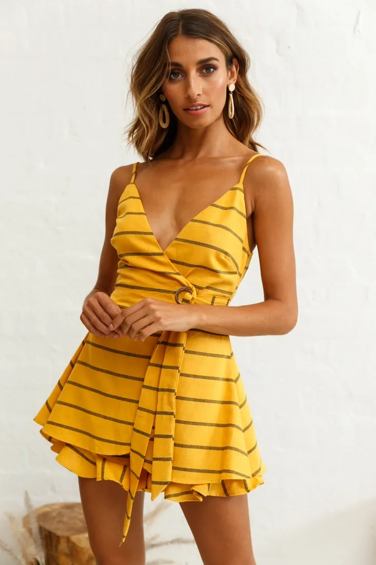 Libra Crossover Wrap Romper Stripe Print Mustard