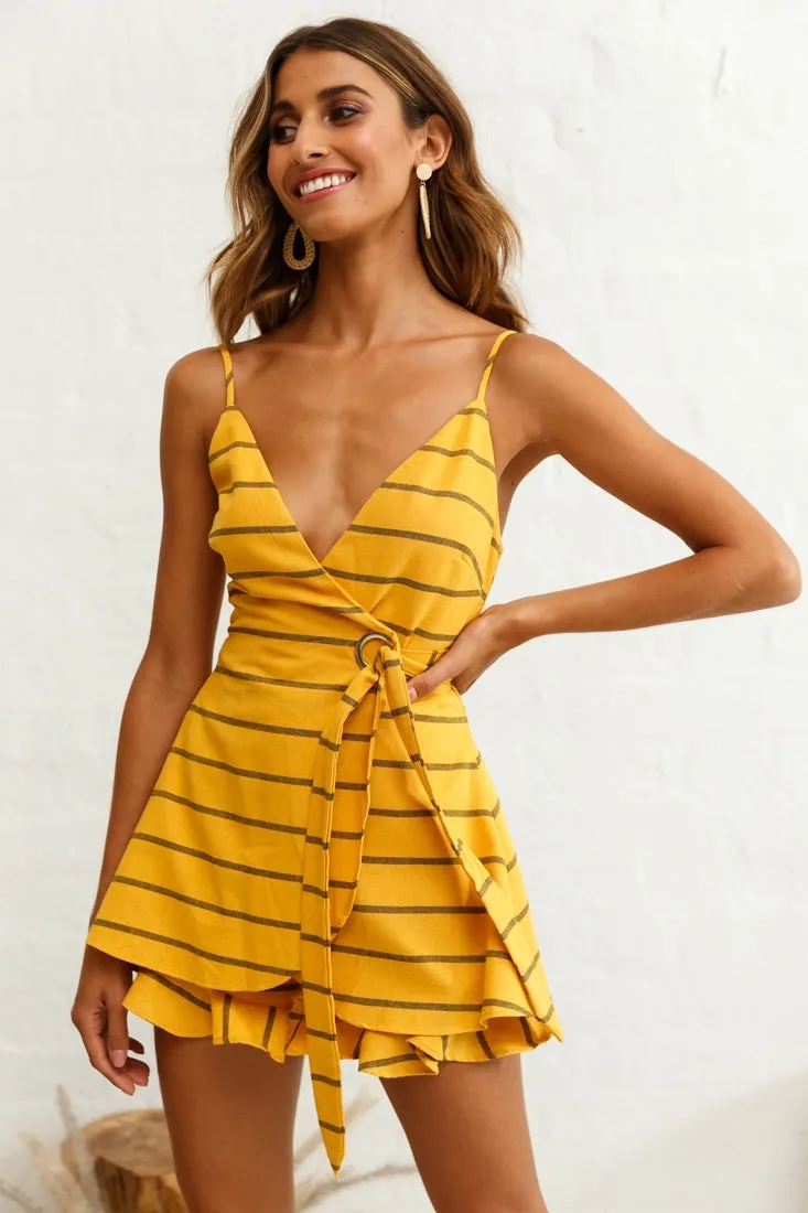 Libra Crossover Wrap Romper Stripe Print Mustard