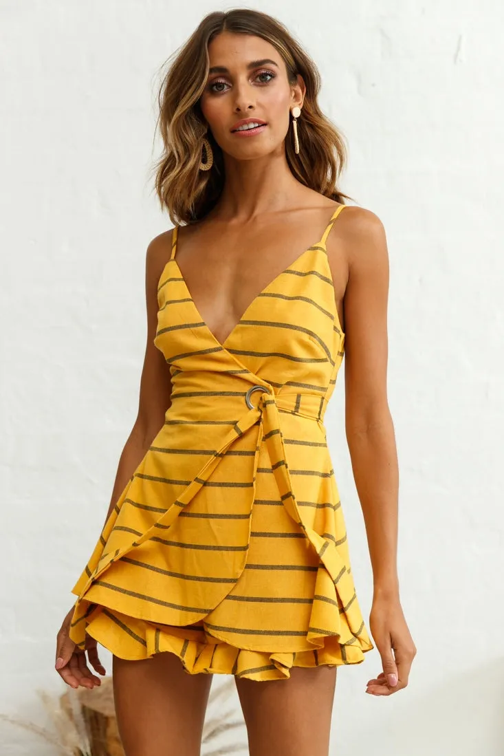 Libra Crossover Wrap Romper Stripe Print Mustard