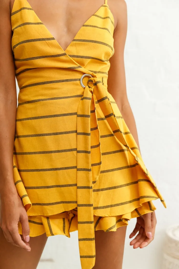 Libra Crossover Wrap Romper Stripe Print Mustard