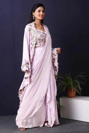 Lilac Cape With Drape Saree And Thread Embroidery