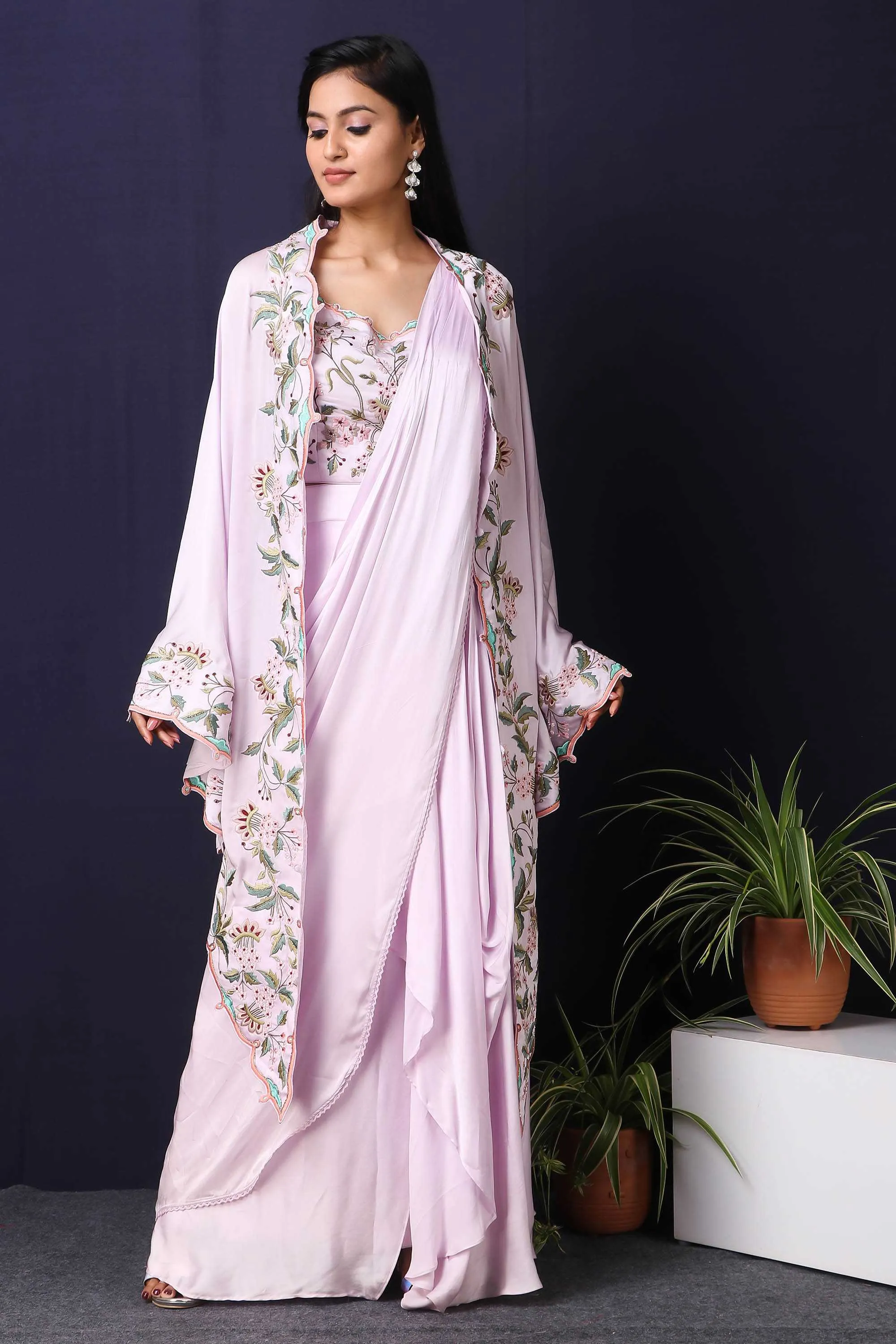 Lilac Cape With Drape Saree And Thread Embroidery