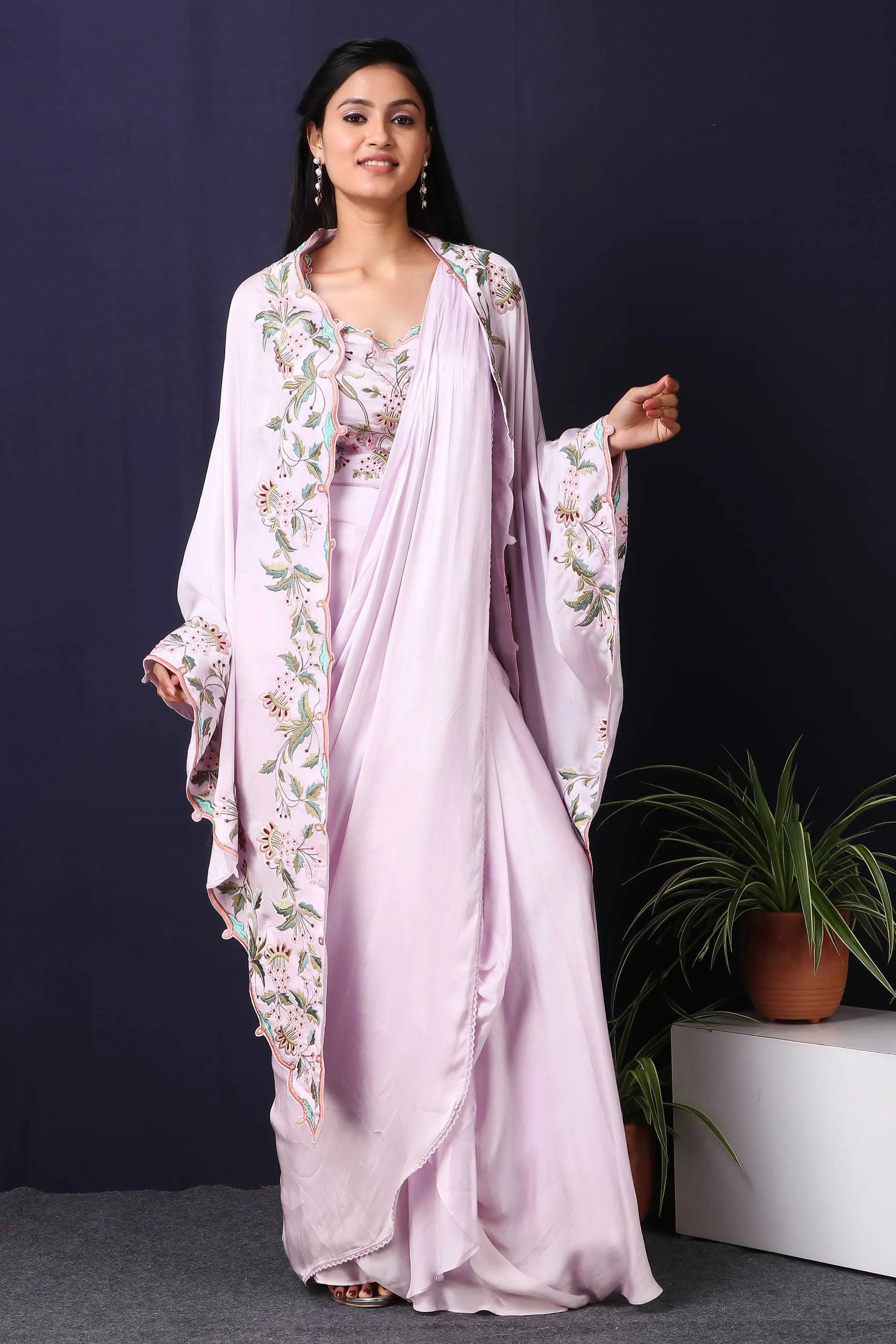 Lilac Cape With Drape Saree And Thread Embroidery