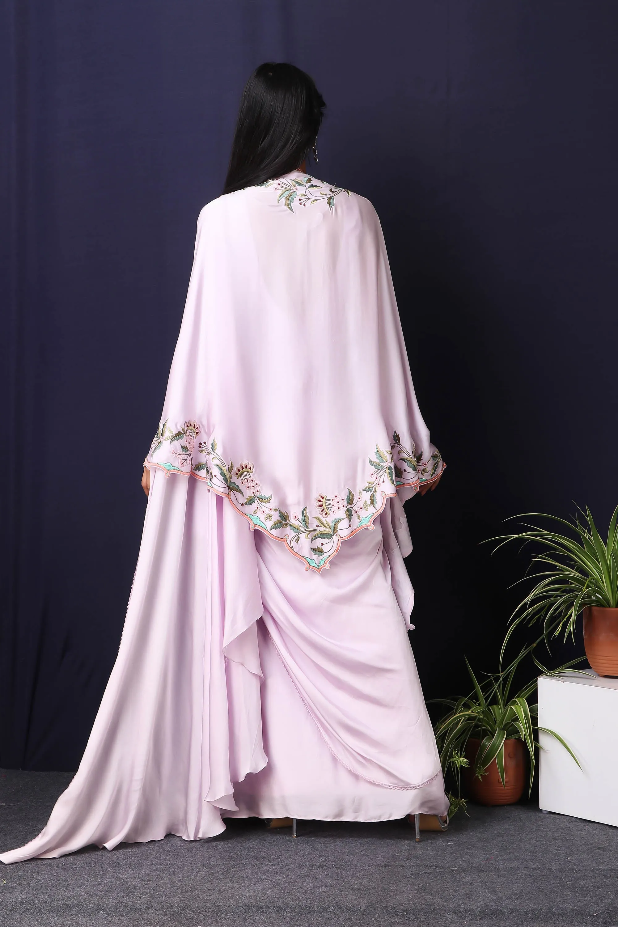 Lilac Cape With Drape Saree And Thread Embroidery