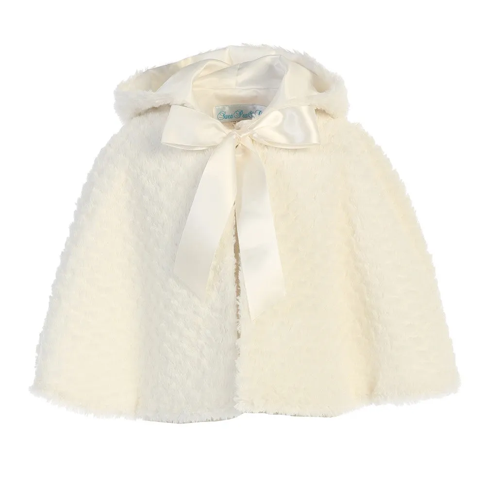 Little Girls Ivory Ribbon Accent Hooded Swirl Texture Faux Fur Cape 2T-6