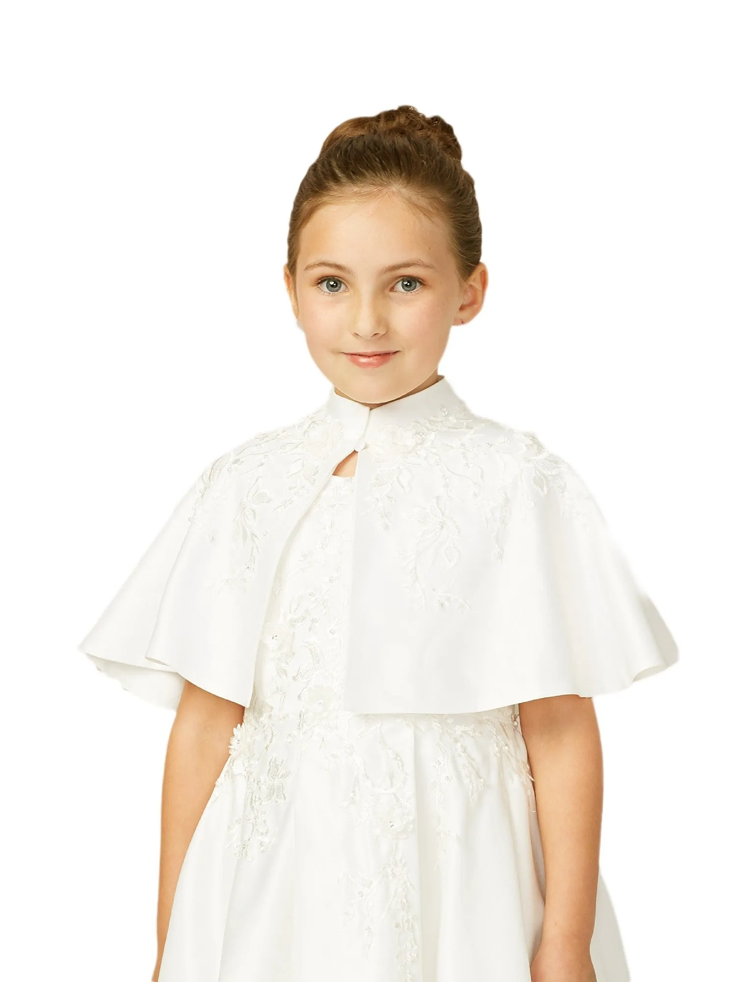 Little Girls Ivory Satin Floral Embroidered Applique Cape 2-14