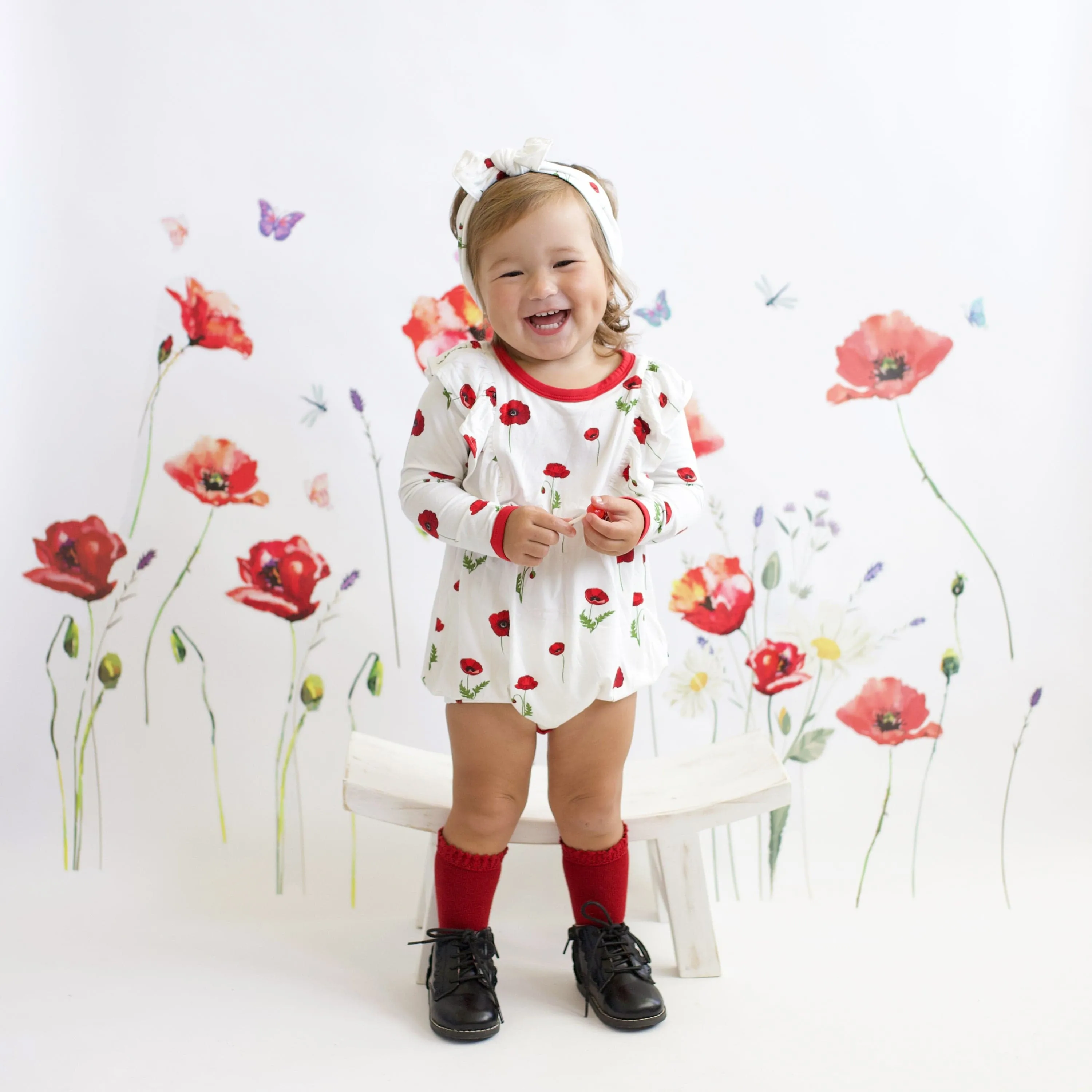 Long Sleeve Bubble Romper in Cloud Poppies