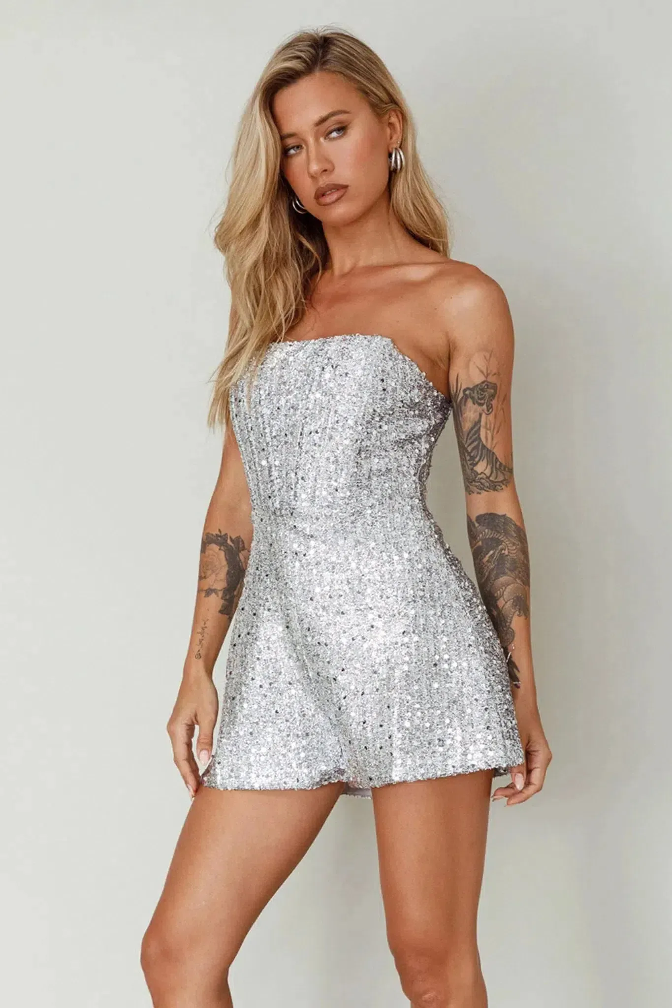 Lucidè – Dazzling silver shimmer – Strapless romper