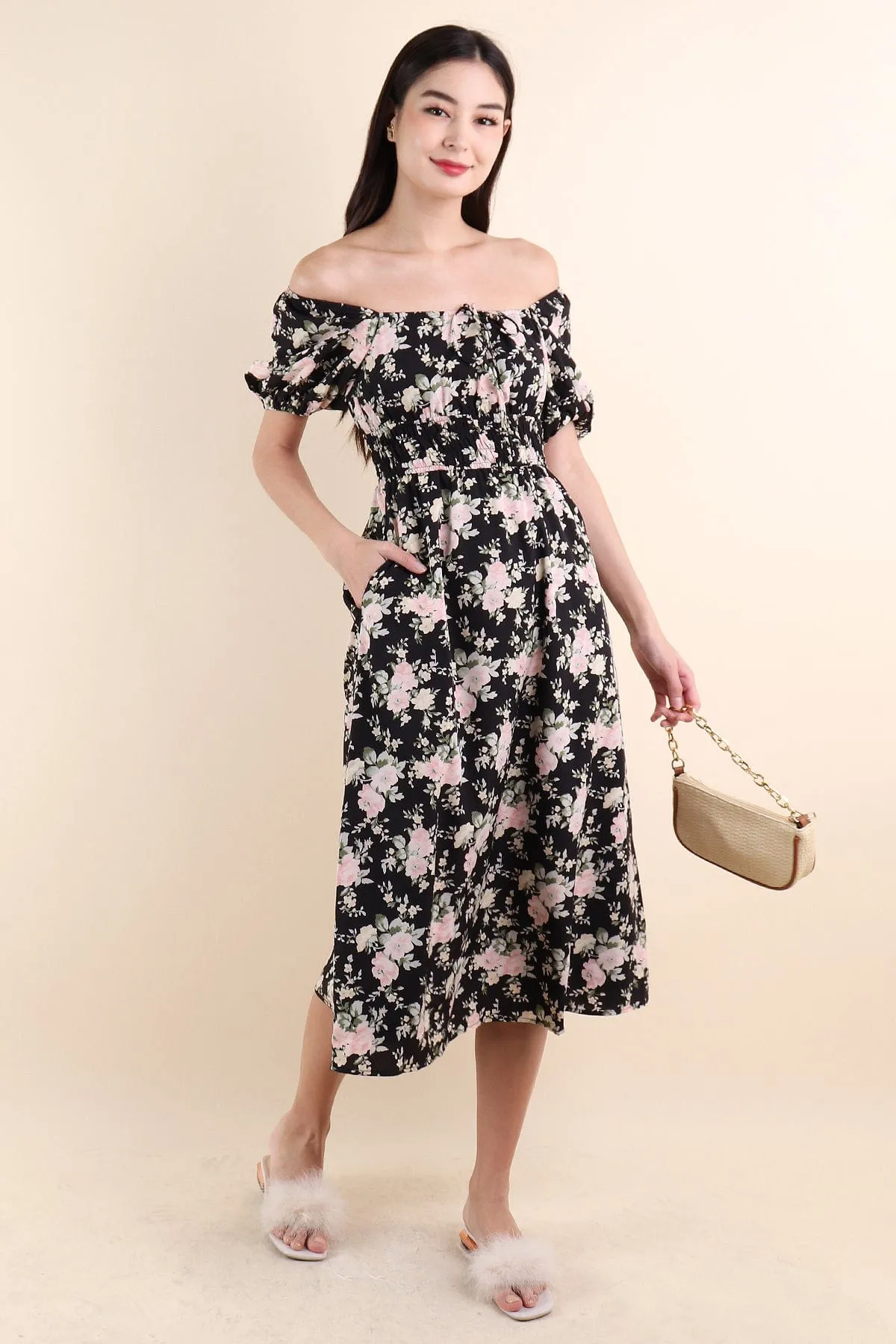 LYLA FLORAL MIDI DRESS IN BLACK