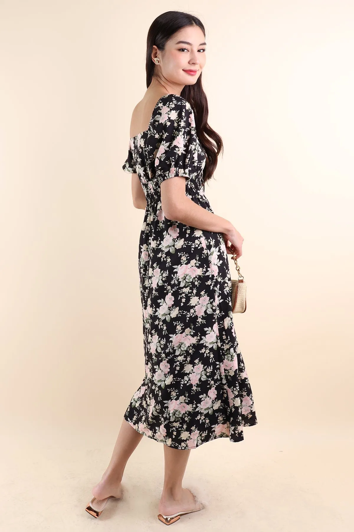 LYLA FLORAL MIDI DRESS IN BLACK