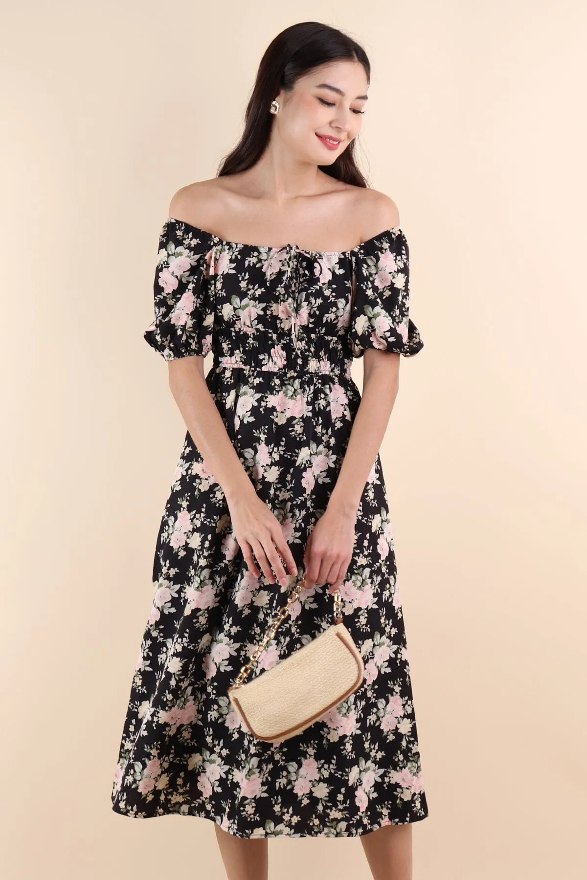 LYLA FLORAL MIDI DRESS IN BLACK