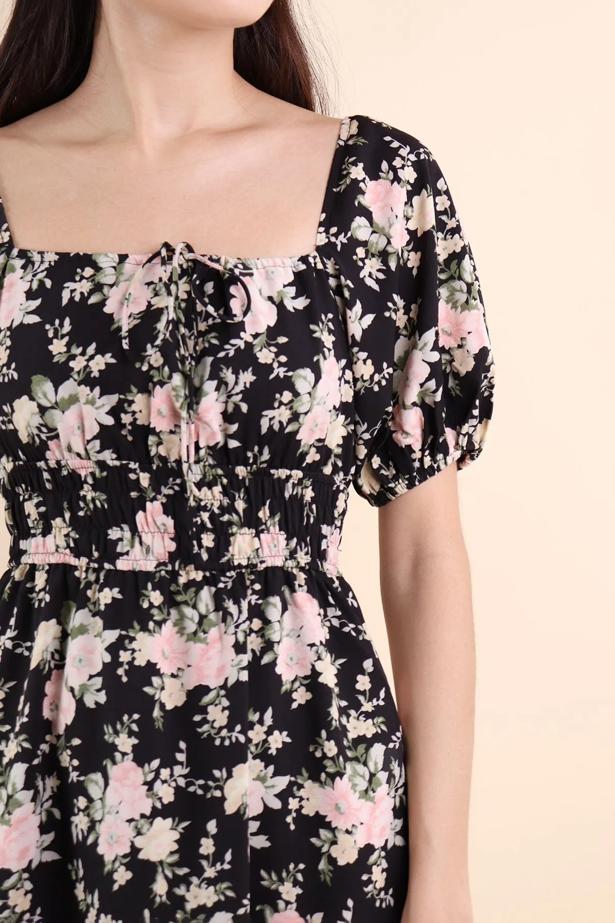 LYLA FLORAL MIDI DRESS IN BLACK