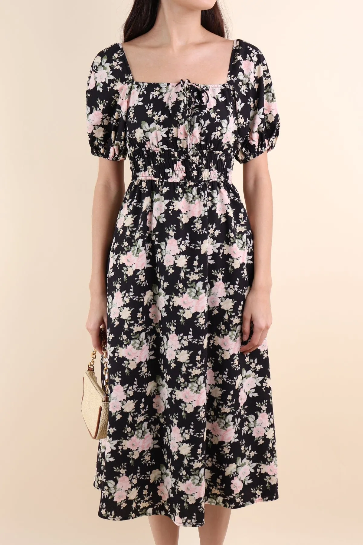 LYLA FLORAL MIDI DRESS IN BLACK