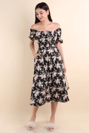 LYLA FLORAL MIDI DRESS IN BLACK