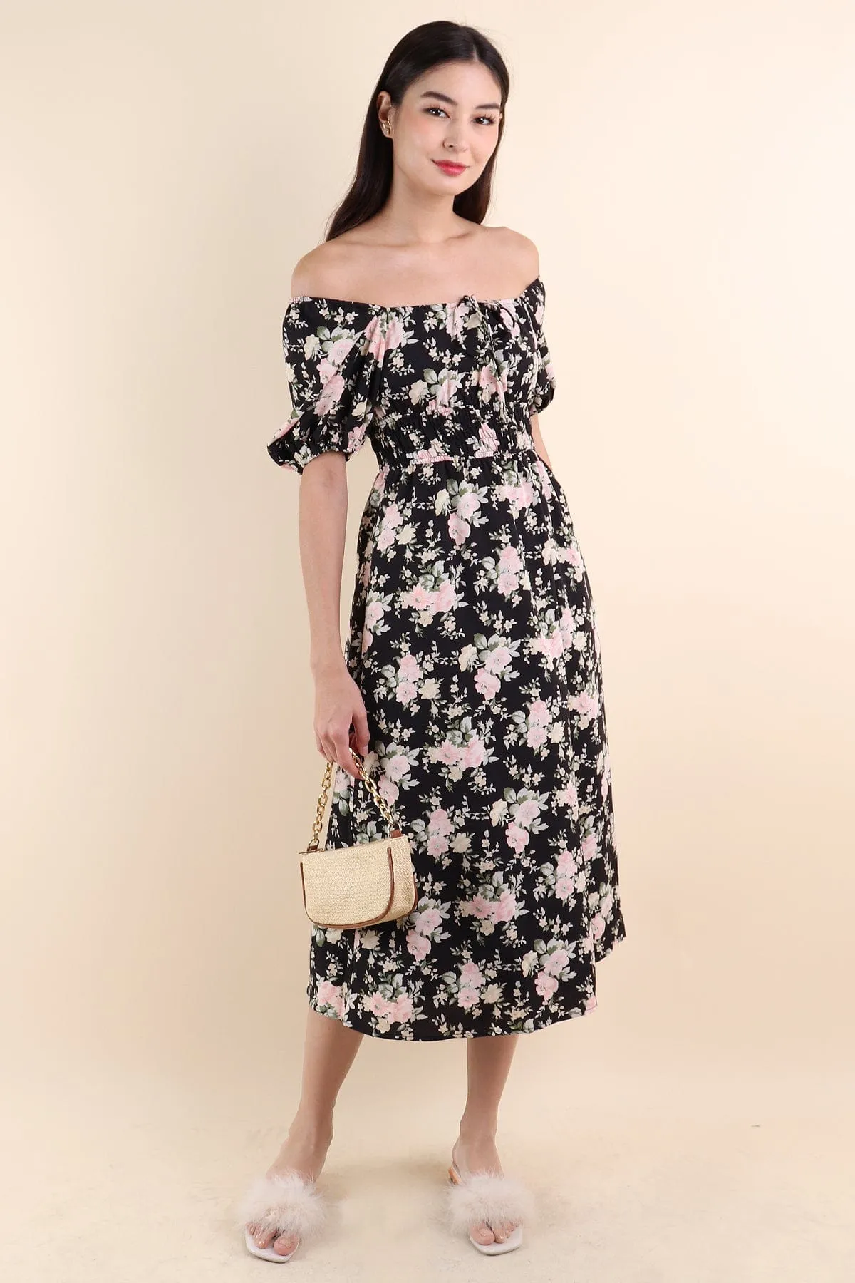 LYLA FLORAL MIDI DRESS IN BLACK