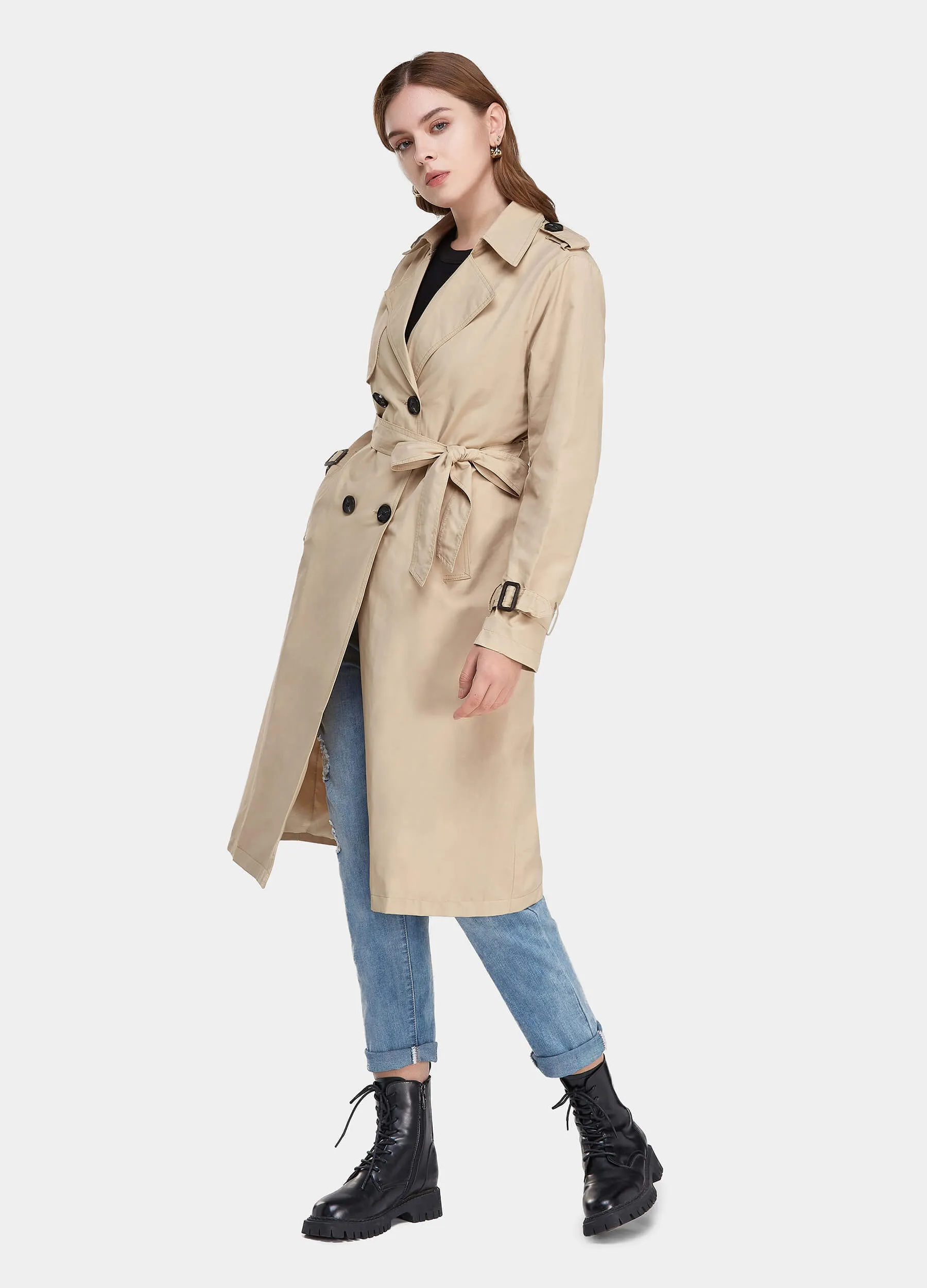 MECALA Women's Fall Long Trench Coat Double Breasted Windproof Overcoat