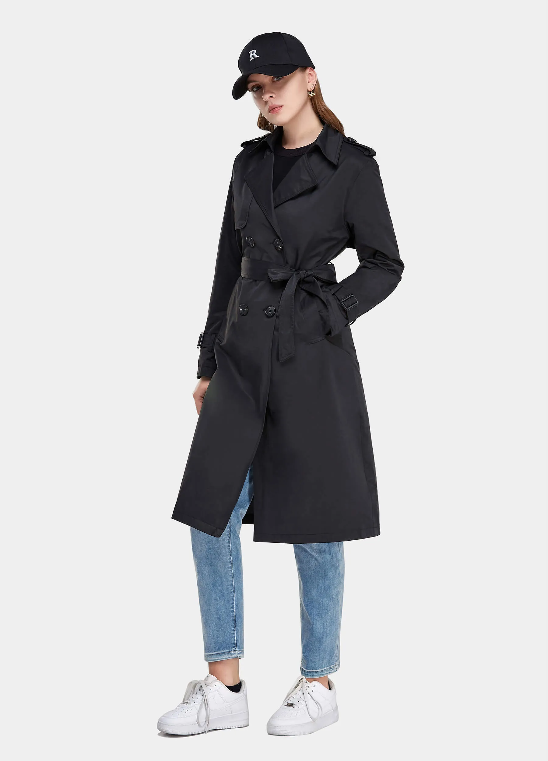 MECALA Women's Fall Long Trench Coat Double Breasted Windproof Overcoat