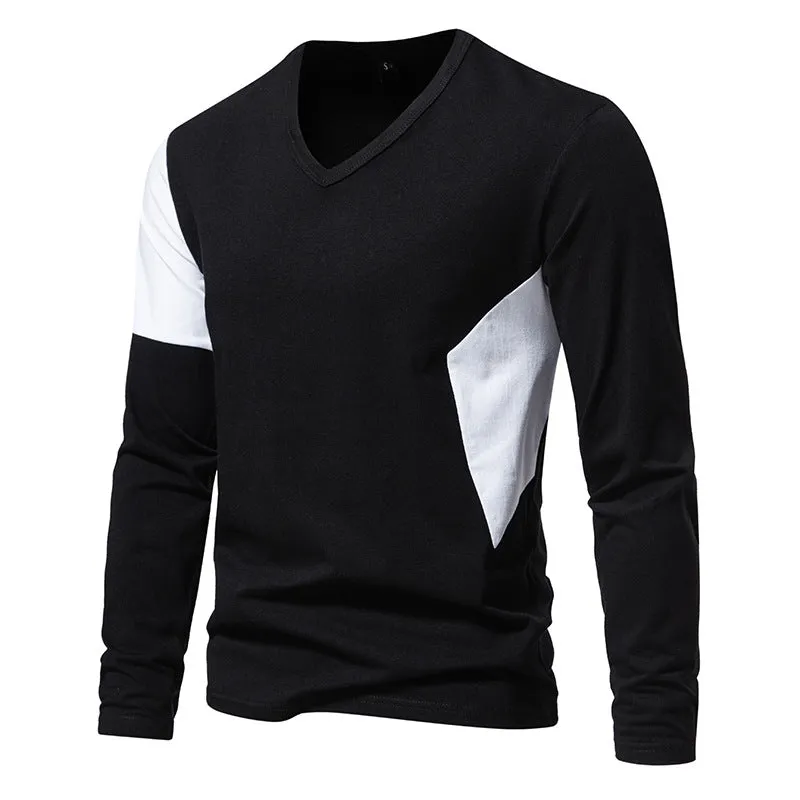 Men British Style V-Neck Bicolor Long Sleeves T-Shirt