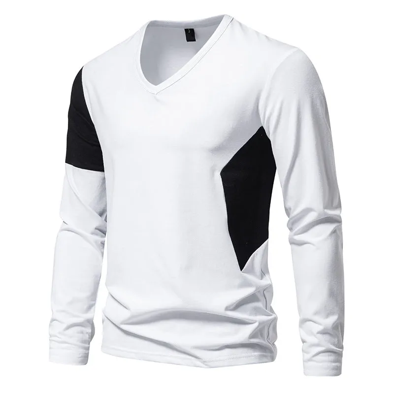 Men British Style V-Neck Bicolor Long Sleeves T-Shirt