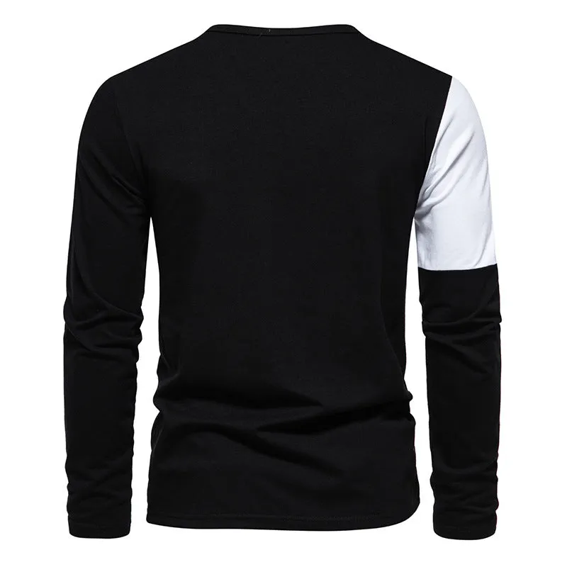 Men British Style V-Neck Bicolor Long Sleeves T-Shirt