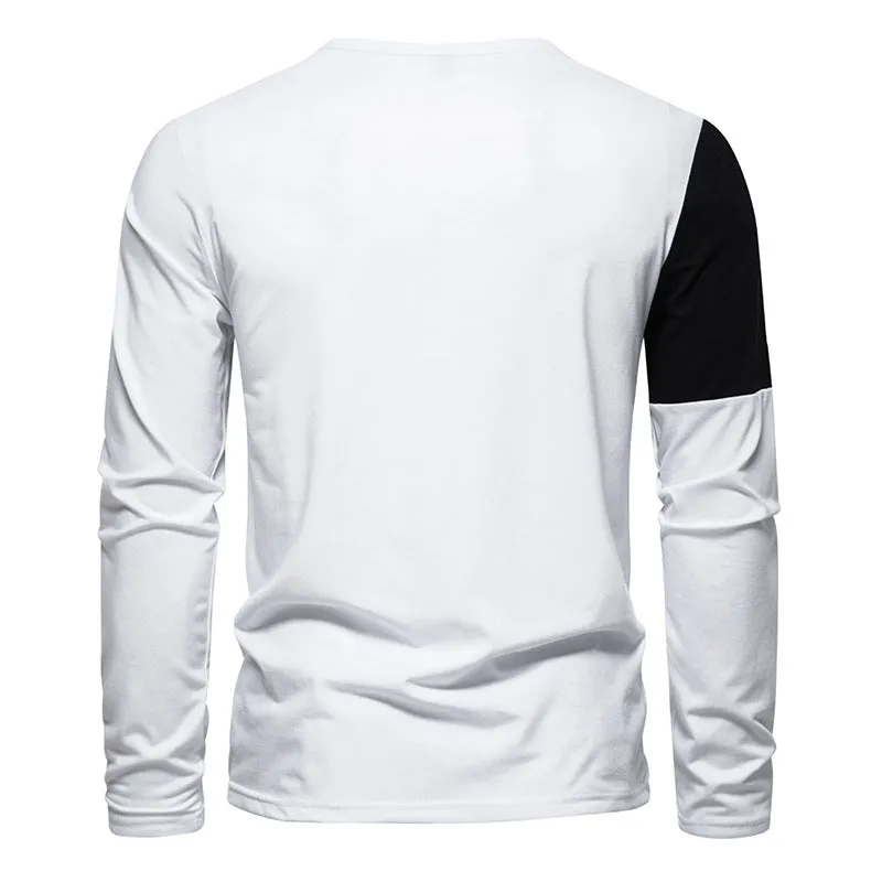 Men British Style V-Neck Bicolor Long Sleeves T-Shirt